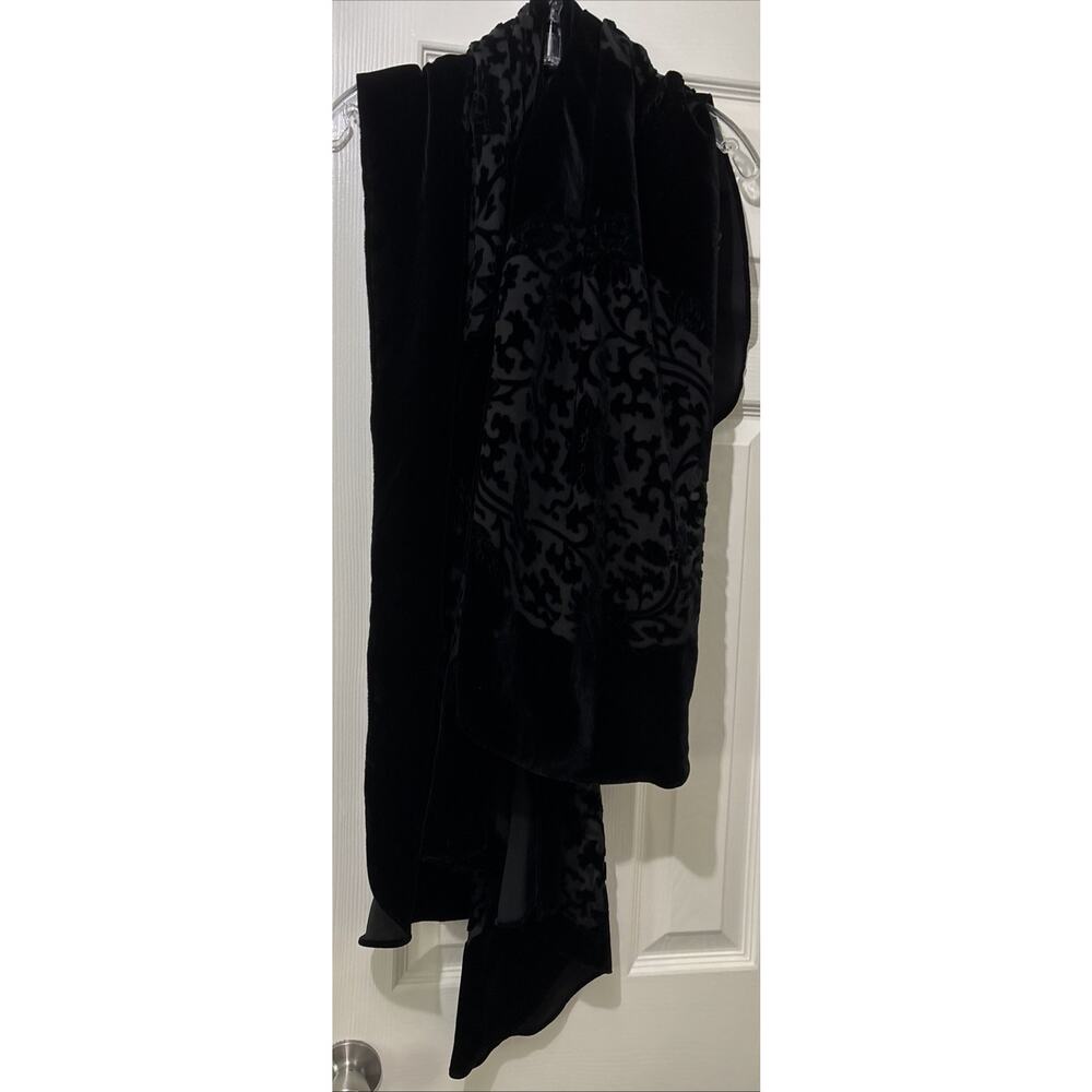 Vintage Black Burnout Velvet Wrap Shawl Silk Blend Devore Floral Duster Evening - Picture 6 of 7